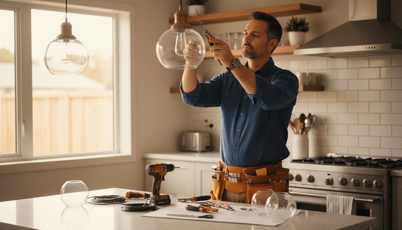 Técnico qualificado da Casa Sempre em Dia a instalar uma luminária moderna numa cozinha residencial em Lisboa