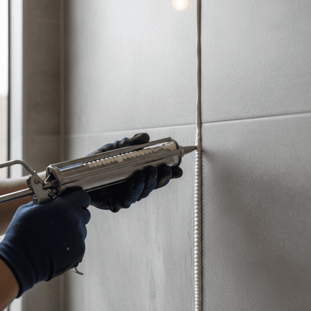 Aplicação de silicone entre azulejos