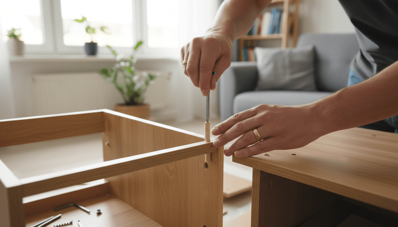 Técnico a montar móvel com ferramentas em ambiente doméstico